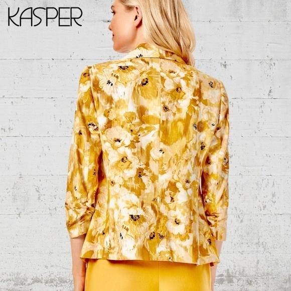 KASPER Tailored Linen-Blend Floral Print Ruched-Sleeve Lined Blazer NWT/8 - Picture 5 of 16